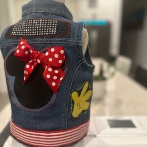 Denim Vest with Red Bow and Cartoon Patches